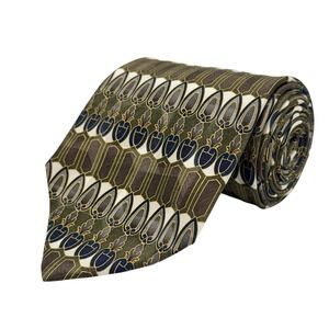 Principe Silk Geometric Tie Mens Olive Green Blue Gold Made in USA 56.5"L 3.75'W